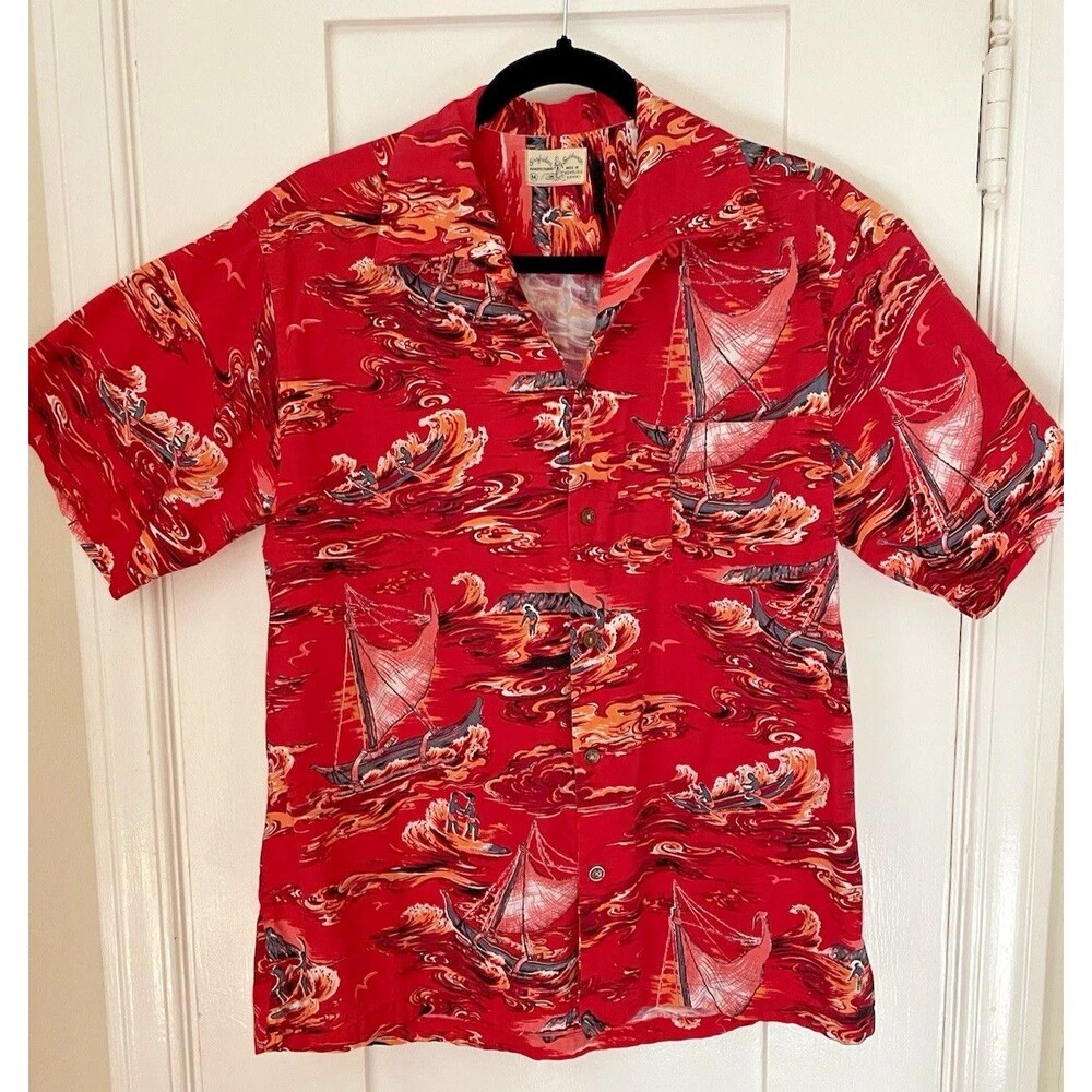 Vtg. 1950s SURFRIDERS SPORTSWEAR Loop Collar Metal Button ALOHA Shirt Med EUC
